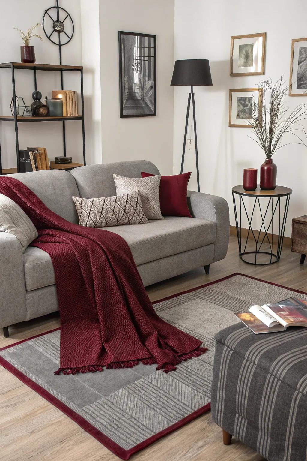 Living area featuring layered neutral tone and carmine textiles and modern décor.