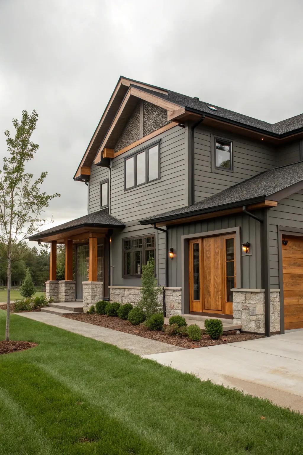 Fossil grey and crimson wood for a rich, inviting facade.