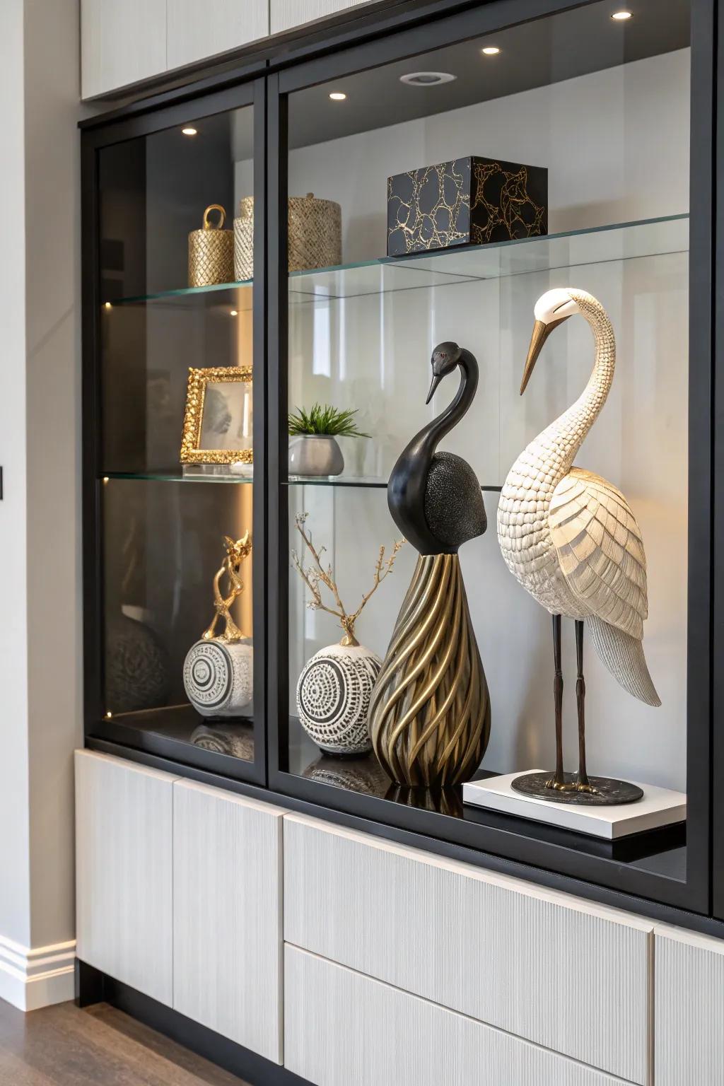 Sculptures impart artistry and sophistication to the display cabinet.