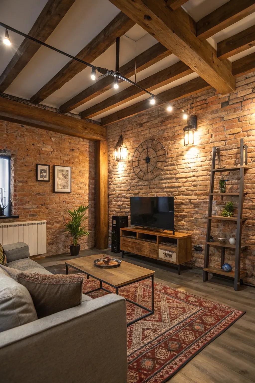 Charm and texture are introduced into the modern family room by using a weathered brick effect.