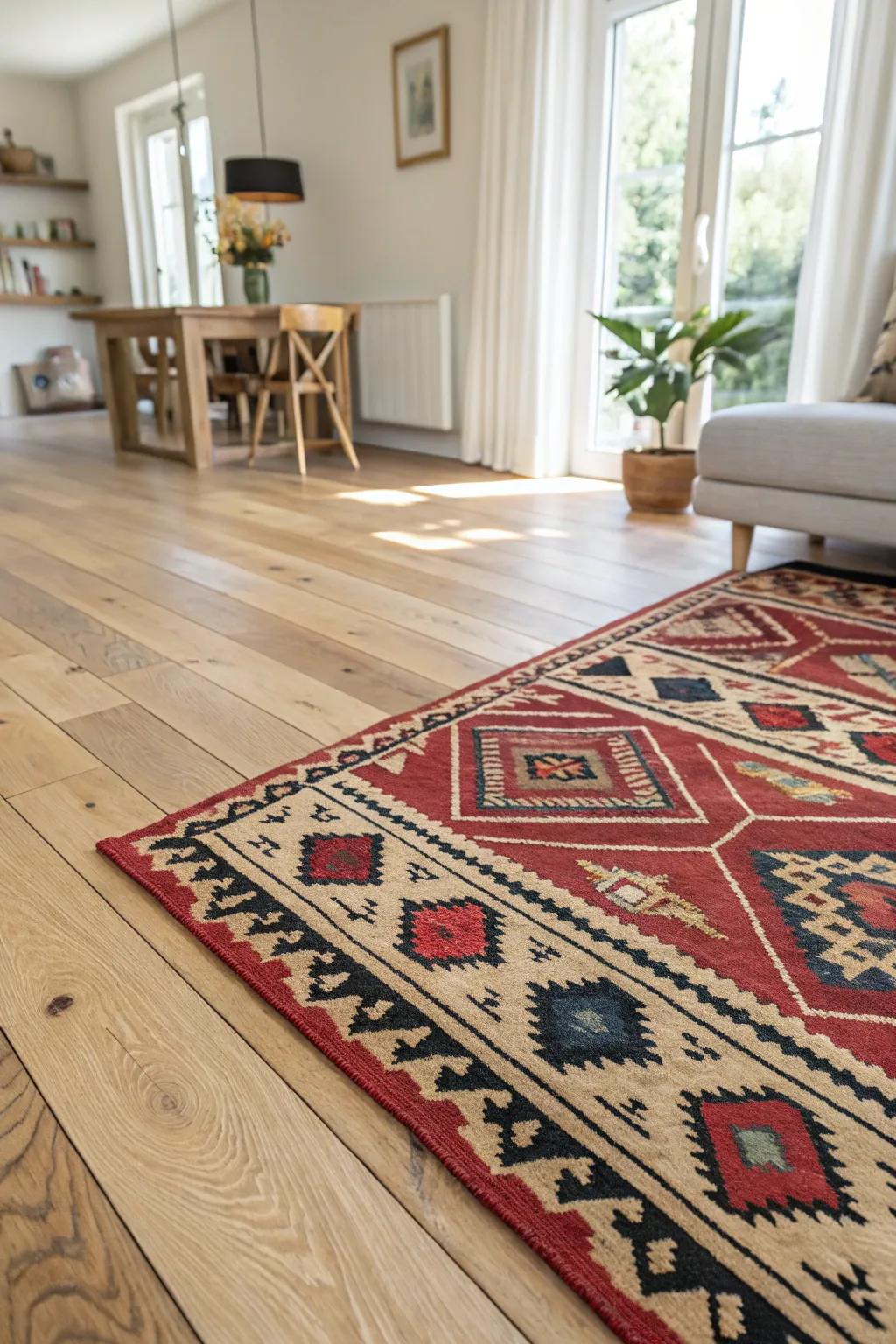 Patterned rugs add depth and interest to bright timber floors.