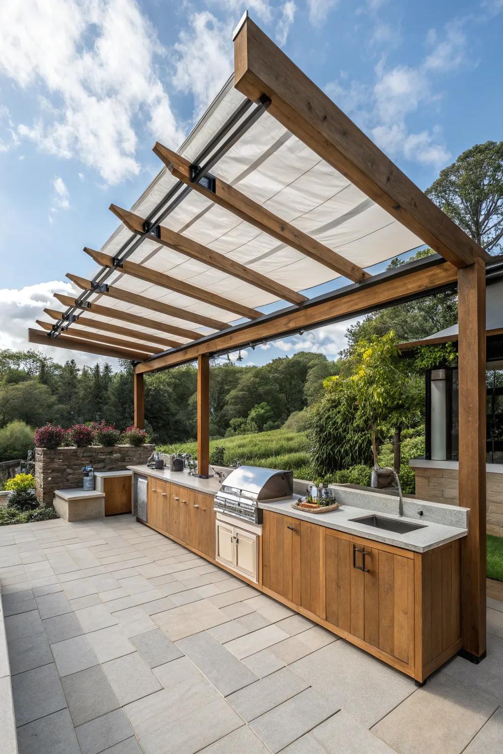 Pergola featuring a movable roof for adjustable shade.