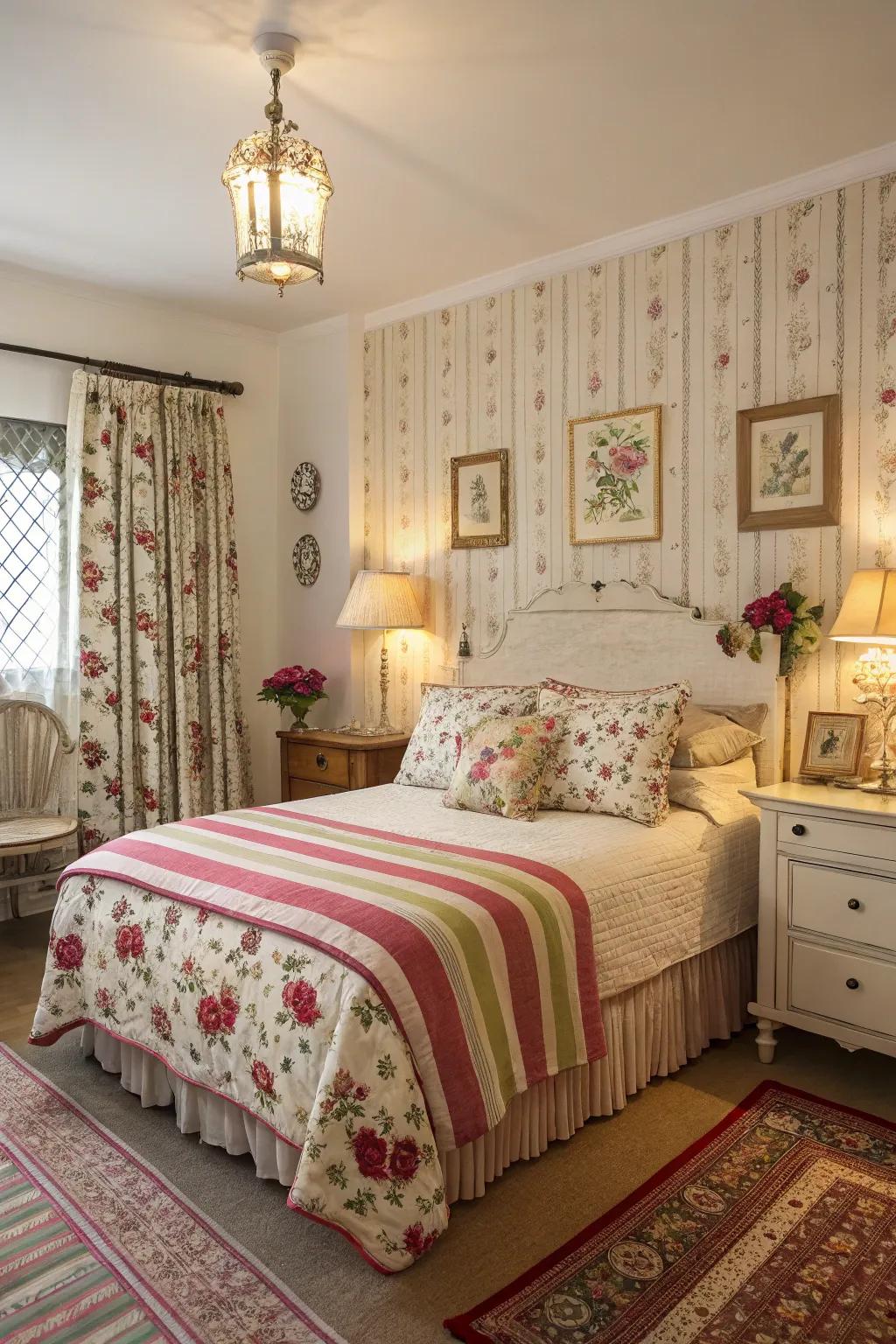 Blending patterns adds depth and a playful touch to a modern shabby chic bedroom.