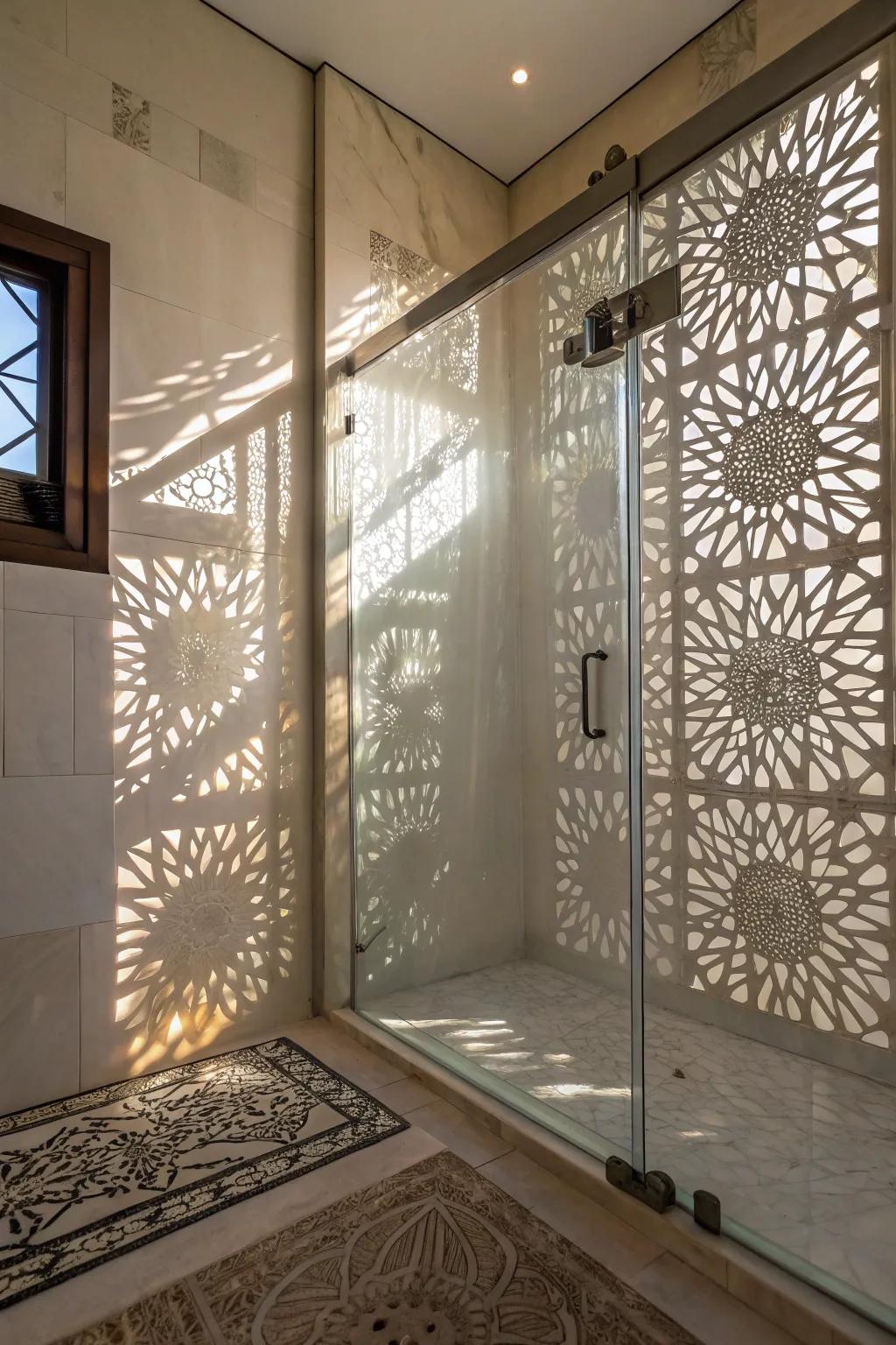 A shower space wherein frosted glass interacts with luminescence and shadow attractively.