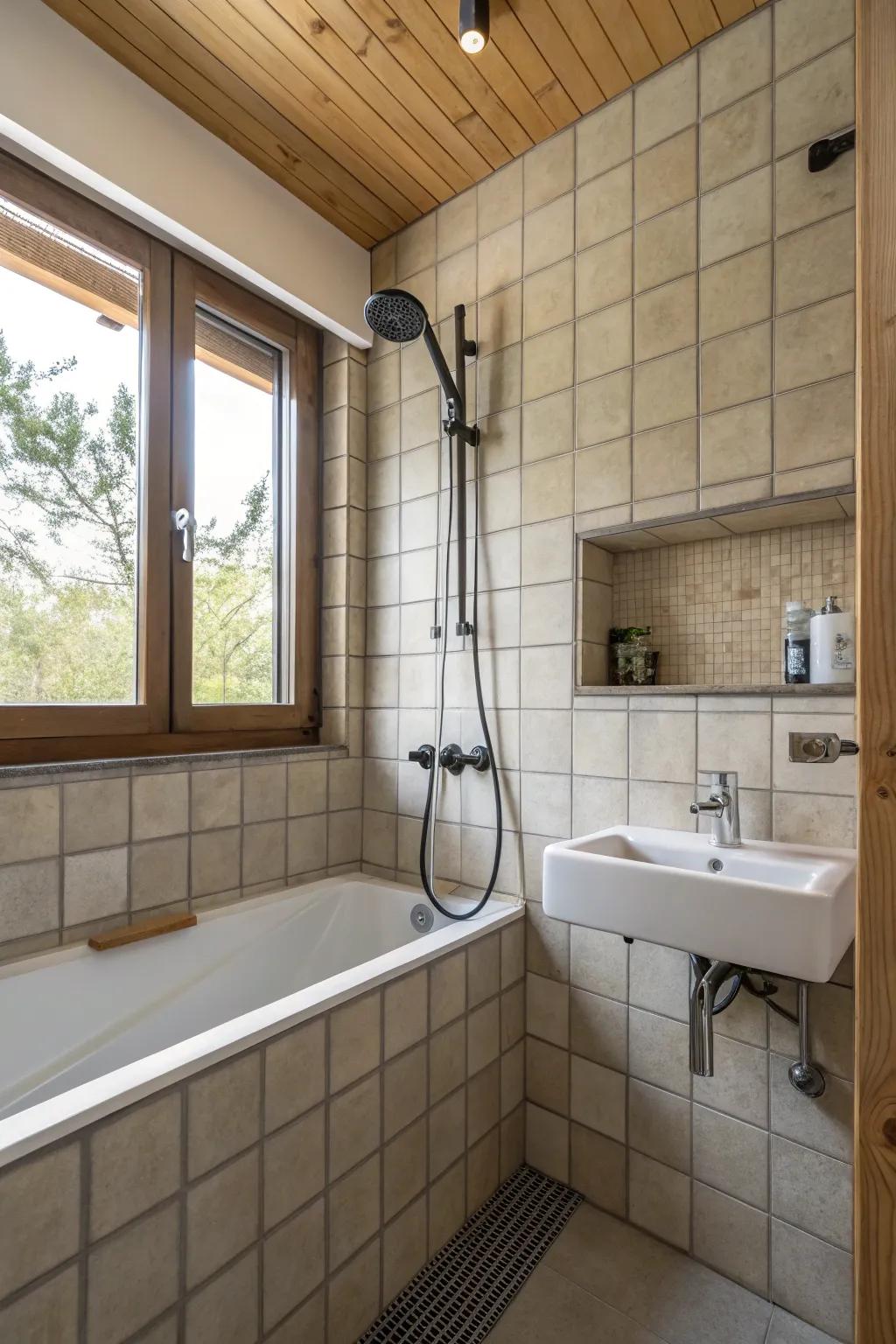 Surface-mounted faucets free up space in this compact bathroom.