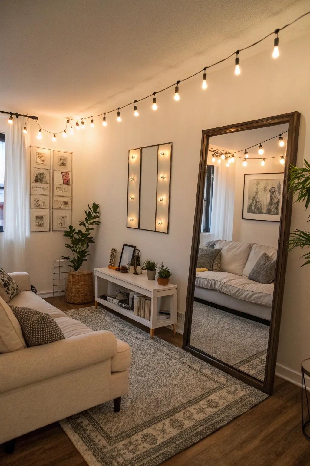 A compact living area employing mirrors to reflect light and expand the feeling of space.