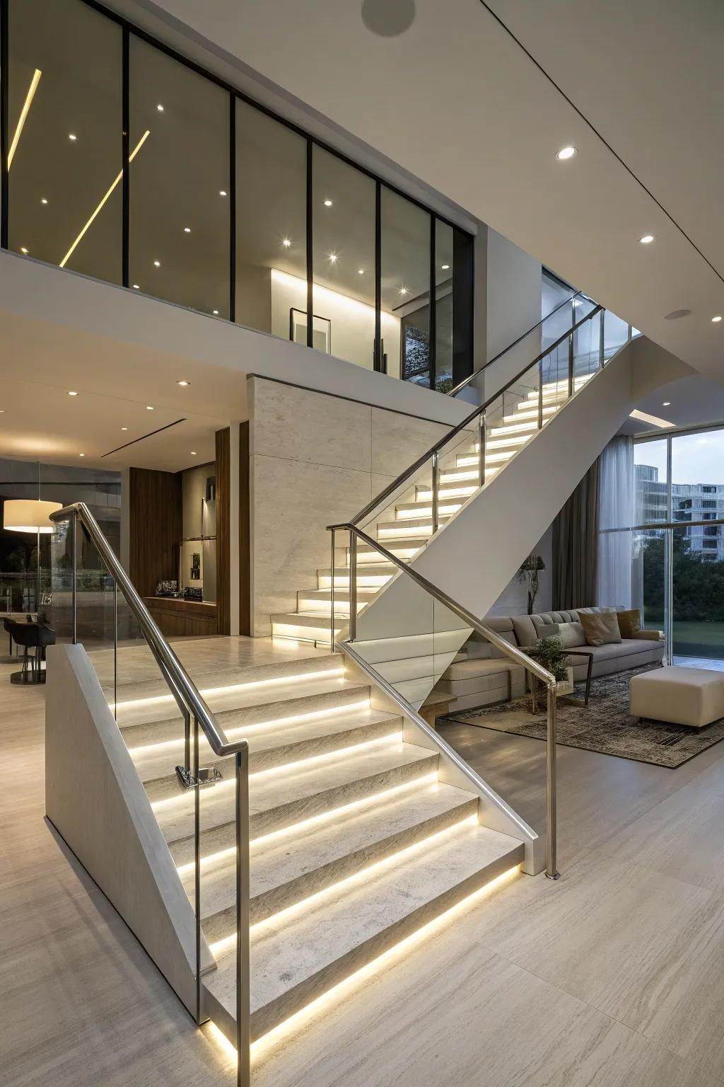 Integrated luminescence in handrails affords both security and panache.
