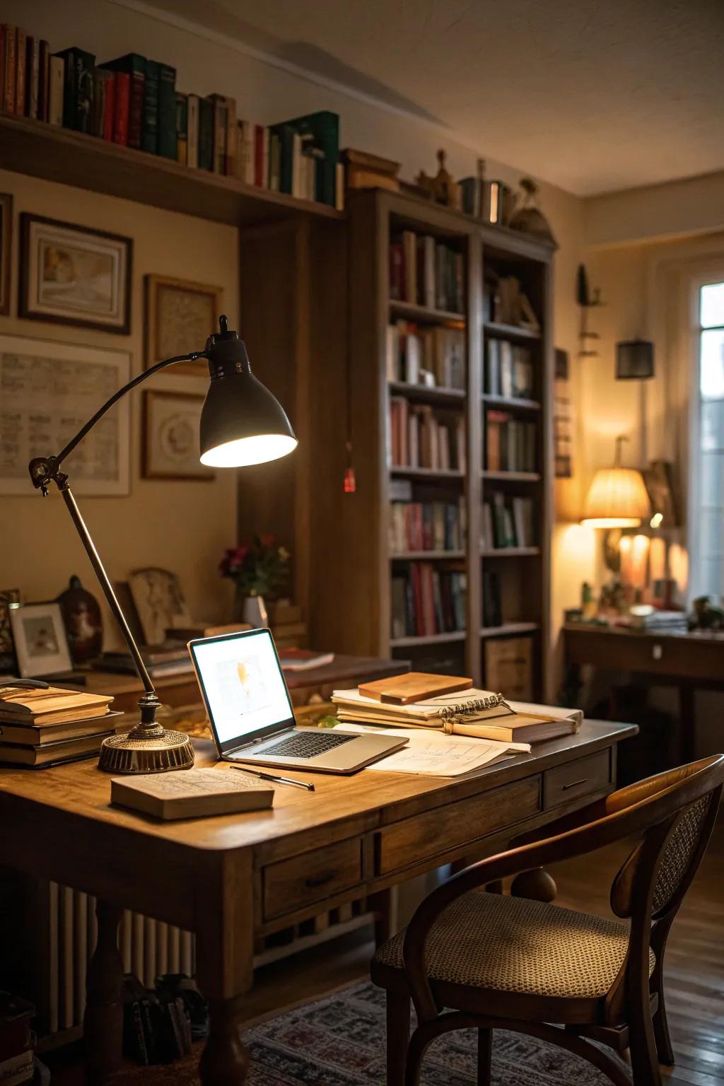 A study room with layered lighting.