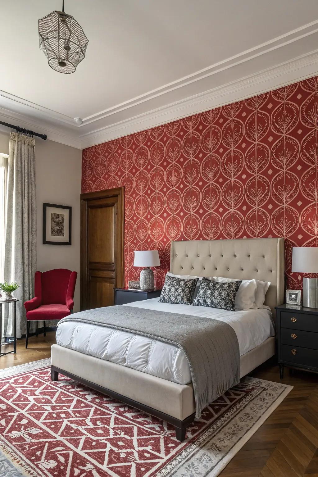 A highlighted wall anchors the room and highlights the bed.