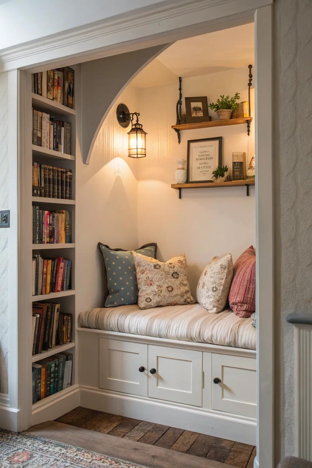 A wall niche transformed into a comfortable reading corner with cozy cushions and literature.