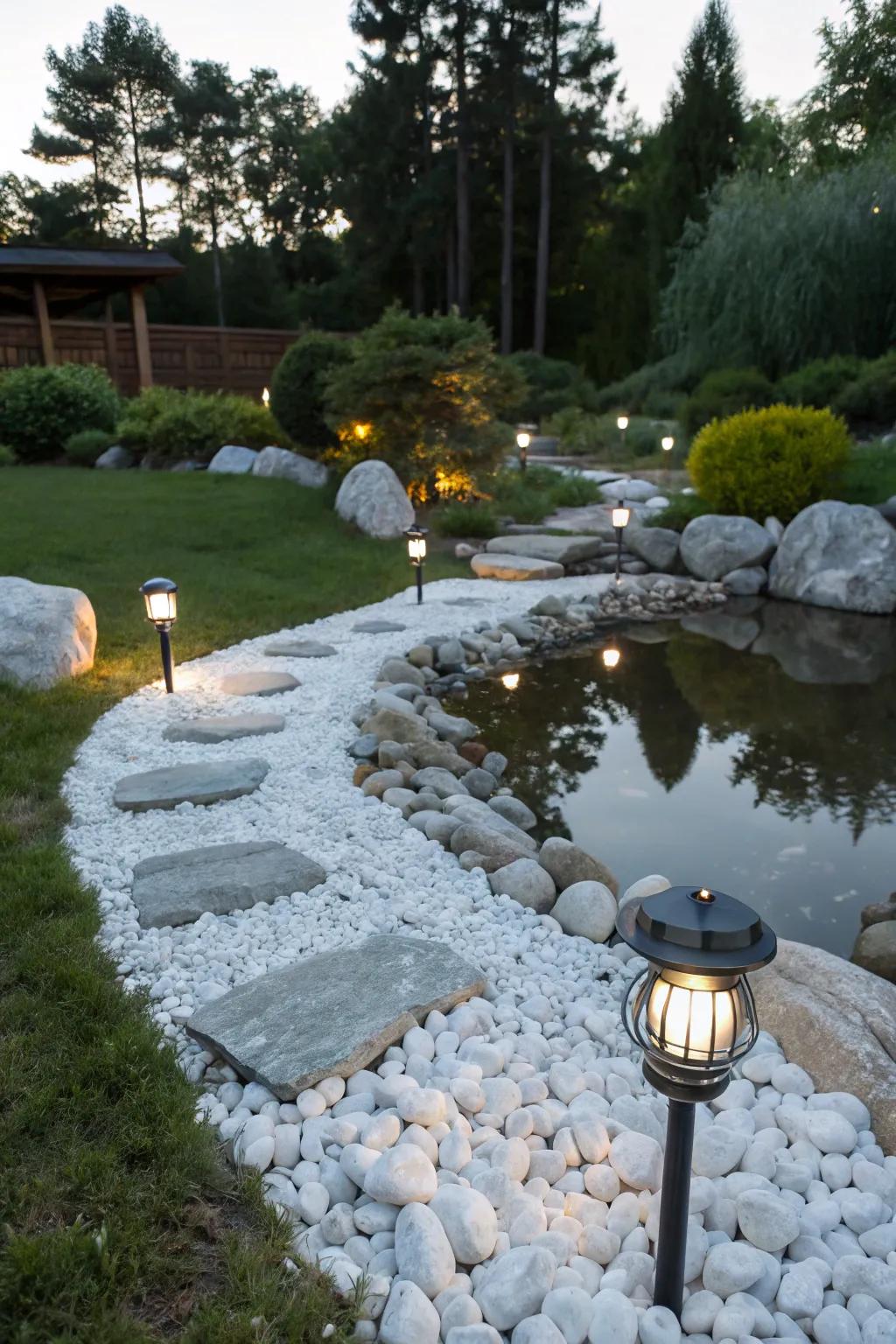A magical garden scene with sun-powered lights accentuating white stones, creating a twinkling wonderland.
