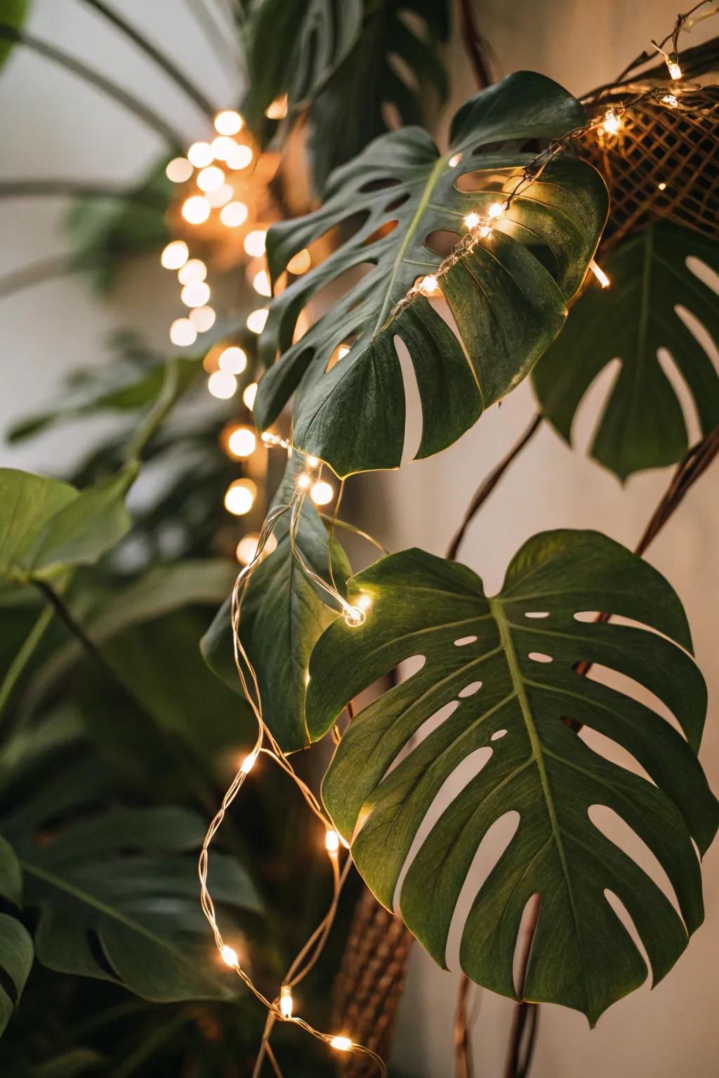 A magical shine created by lights wrapped around monstera leaves.
