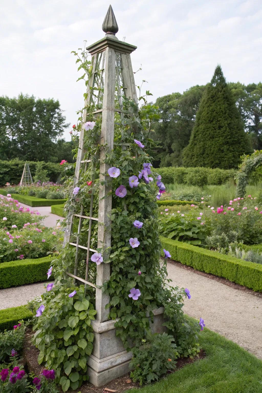 A stylish obelisk creates a vertical emphasis with morning glories.