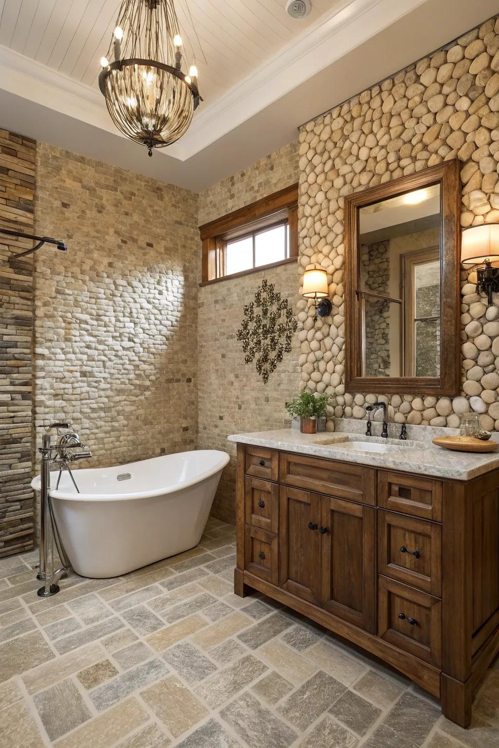 A rustic bathroom featuring elegant stone mosaic panels.