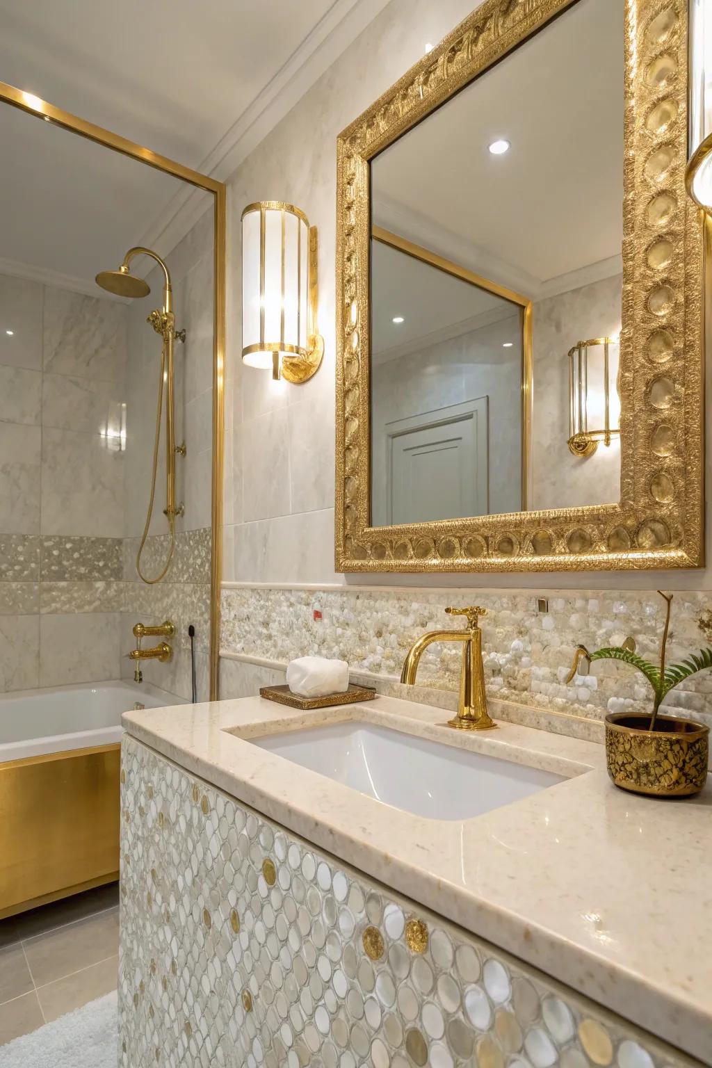 Lavish touches paired with nacre tiles conjure an opulent ambiance.