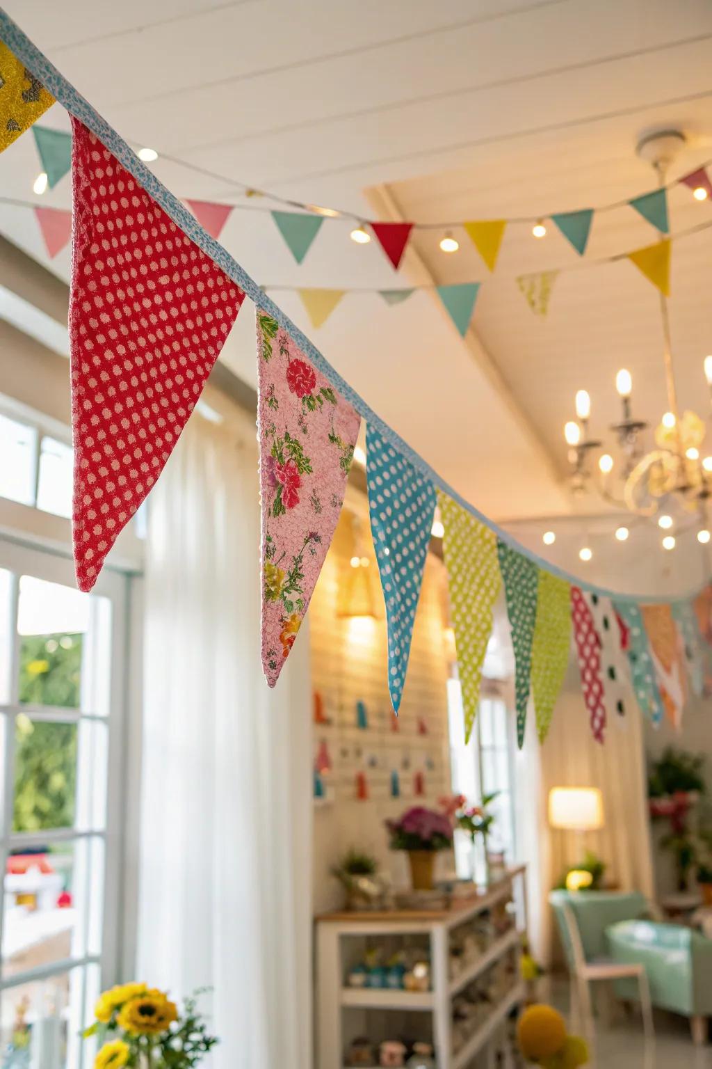 Textile pennant strings introduce a festive flair to any given chamber.
