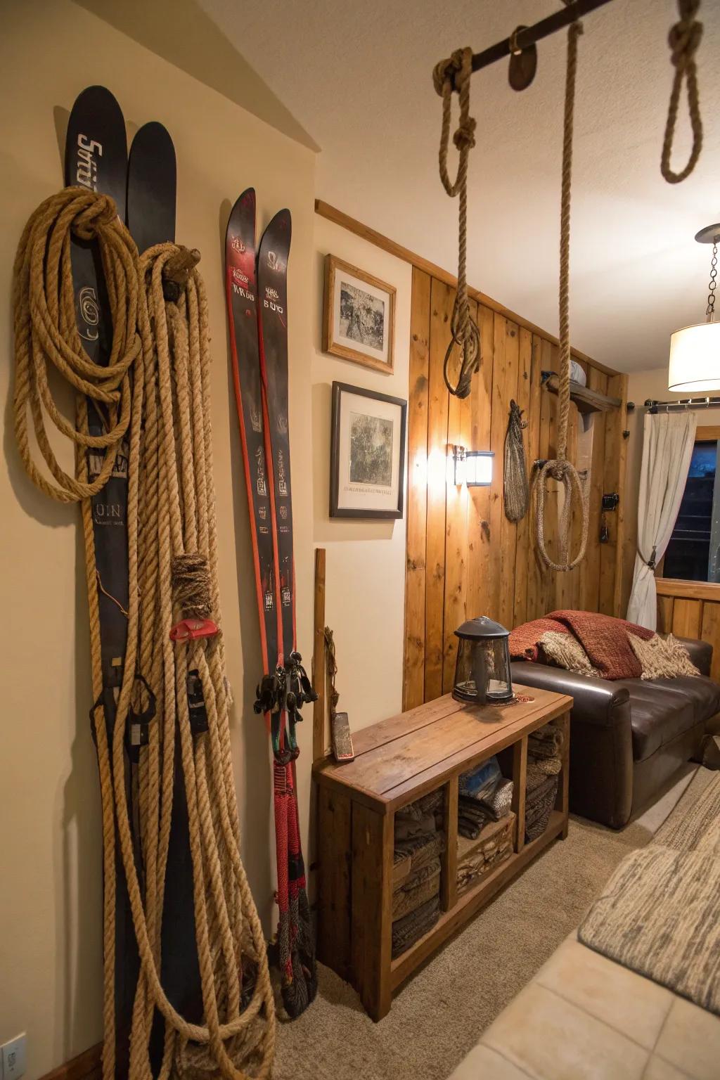 A space with distinctive decor using repurposed mountain equipment.