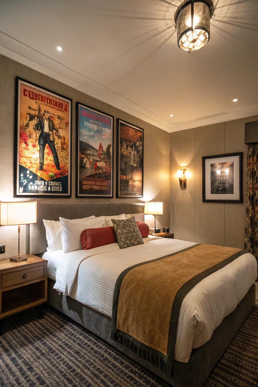 A guest room featuring layered movie art.