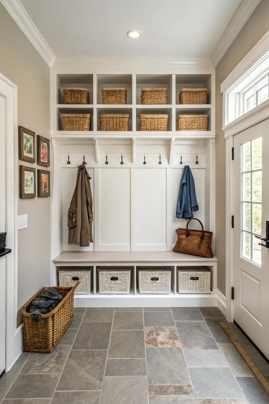 Mudroom featuring symmetrical decor, which creates a well-balanced and harmonious appearance.