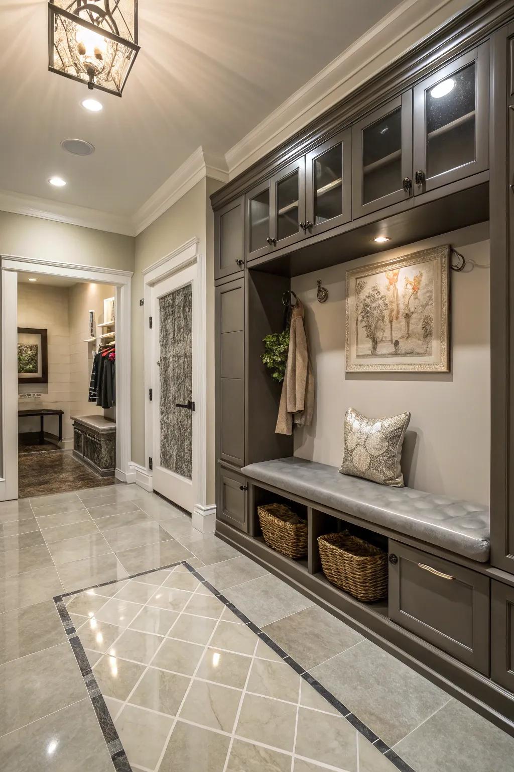 Refined porcelain tiles in an elegant mudroom