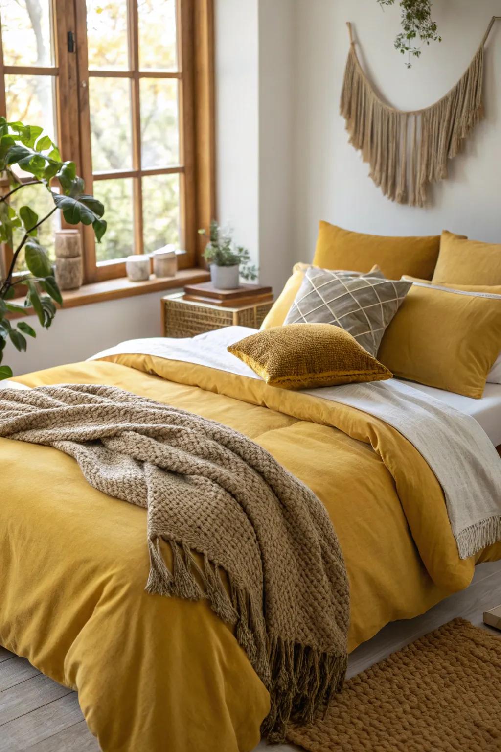 A bedroom abundant in texture and warmth, featuring goldenrod bedding.