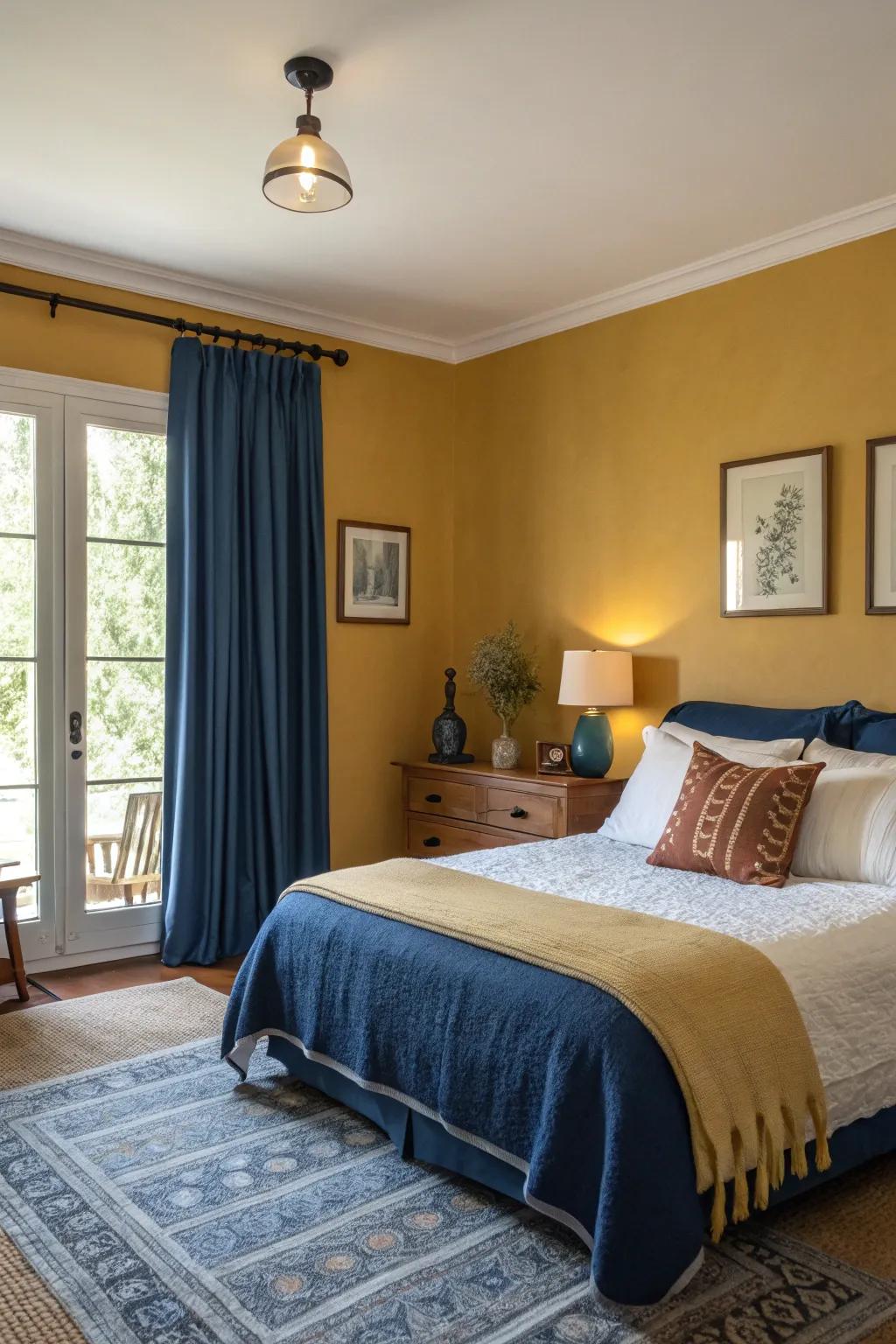 A bedroom exhibiting wheat and deep blue design hints.