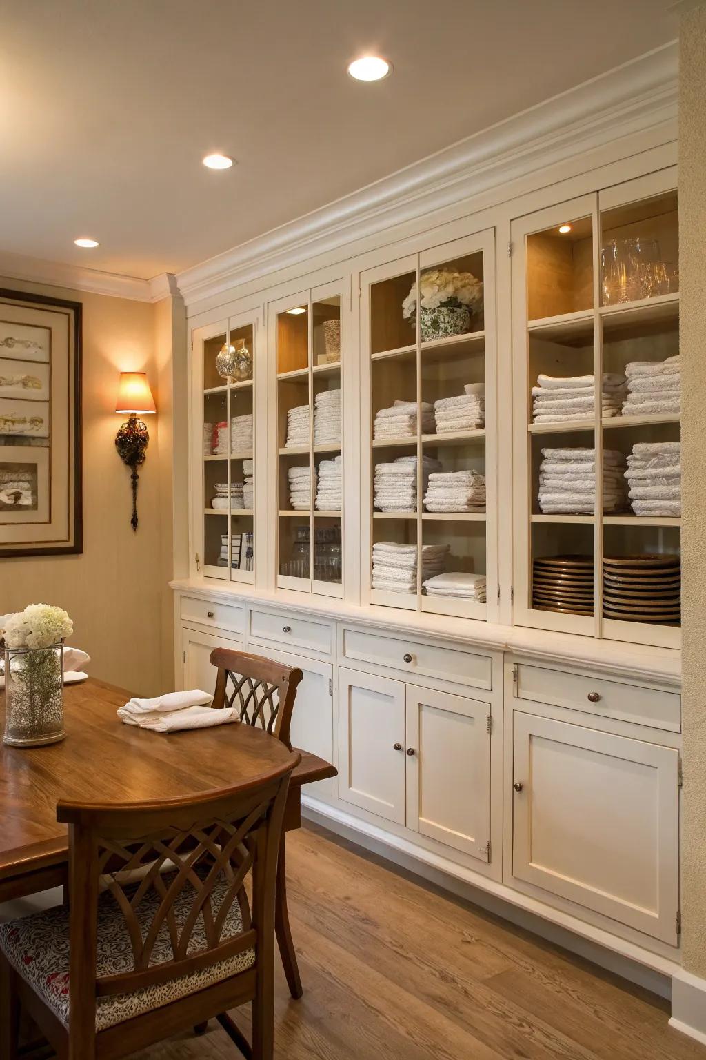 Custom built-in cabinets offer an elegant solution for organizing napkins.