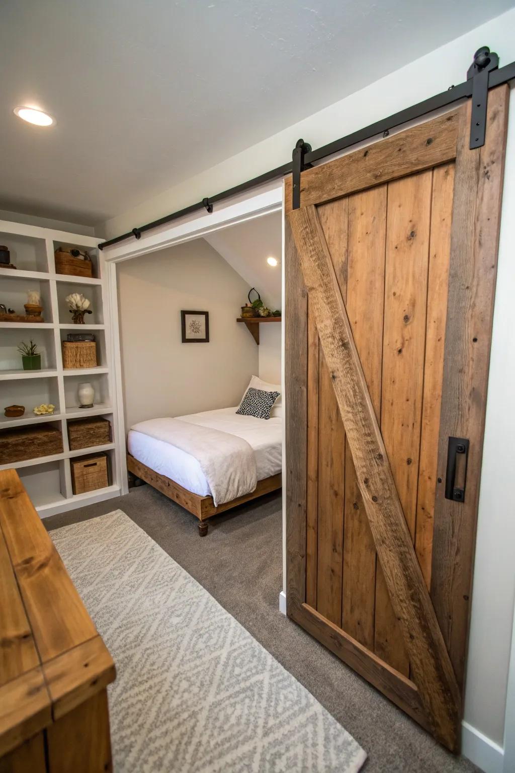Sliding doors save space in a slender bedroom.