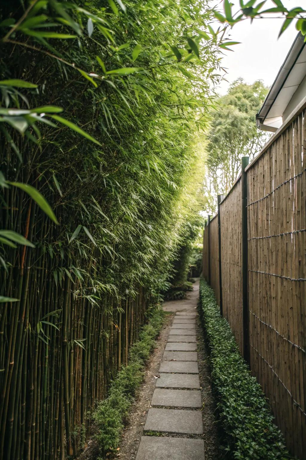 Tall plants create a private retreat in a narrow garden.