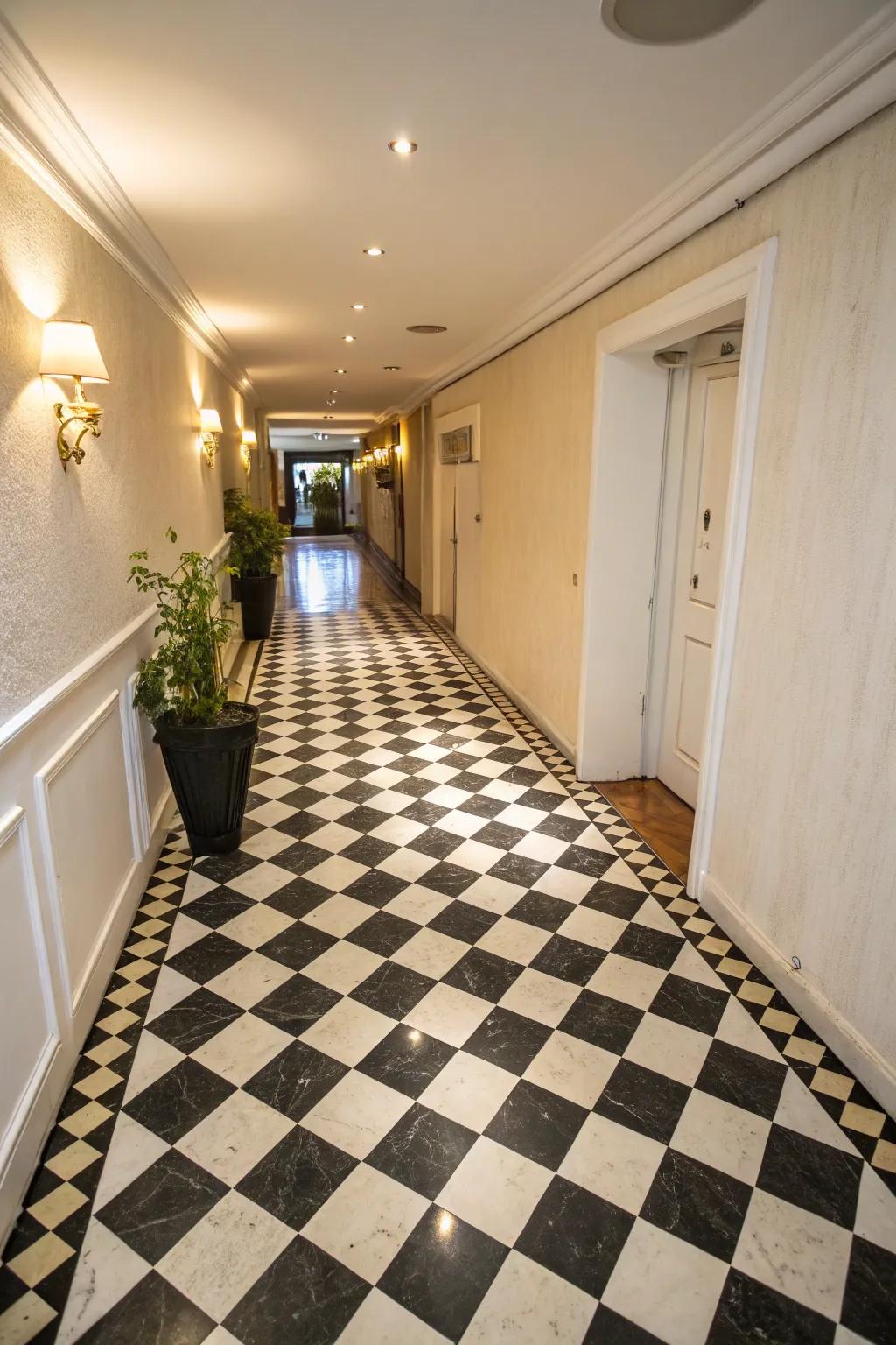 Checkered block flooring adds a classic and vibrant touch to narrow hallways.