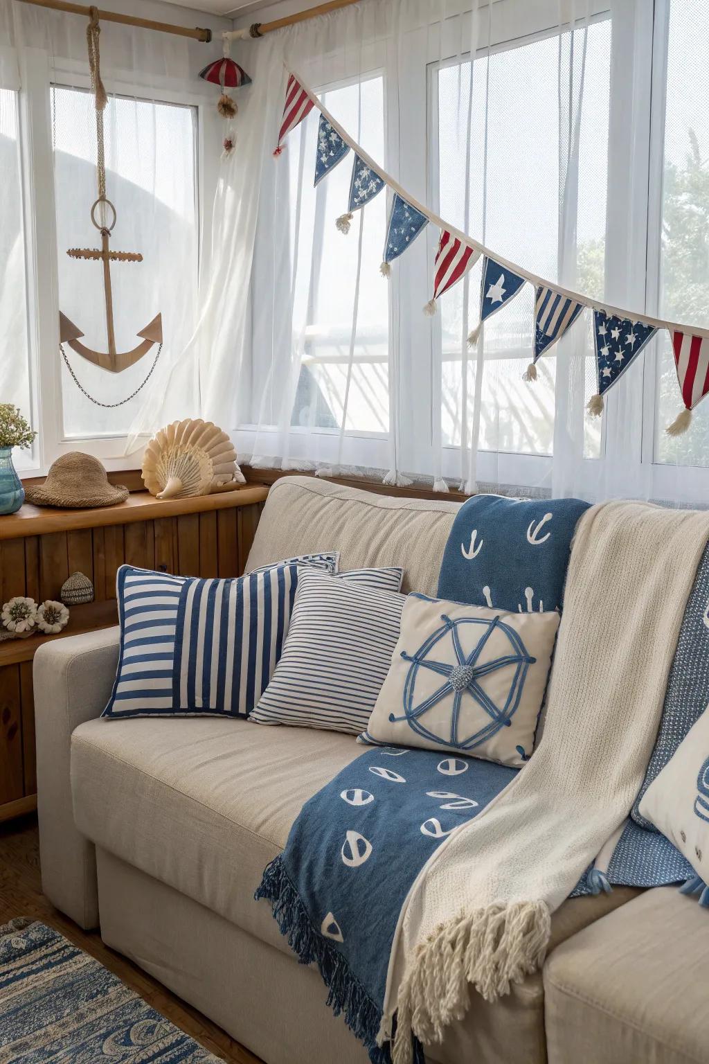 Marine-themed textiles enhance your decor by adding comfort and style.