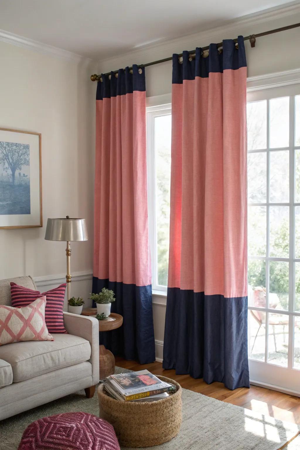 Layered window coverings in rose and navy create a dynamic look.