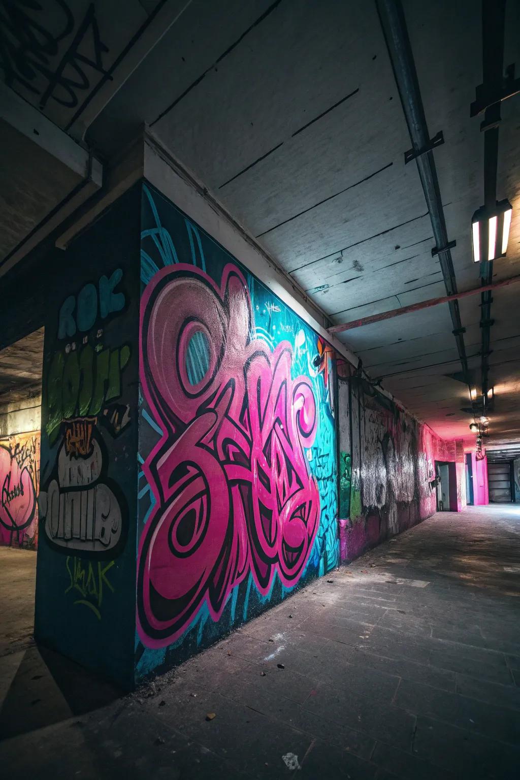 Urban edginess featuring neon tagging.