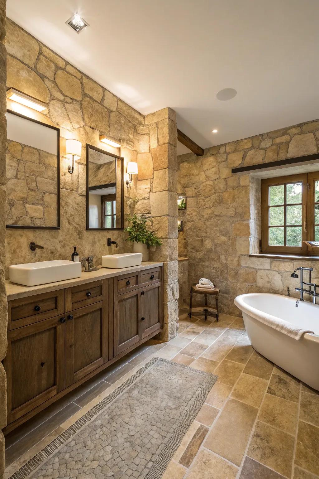 Raw rock adds timeless elegance to the neutral bathroom.