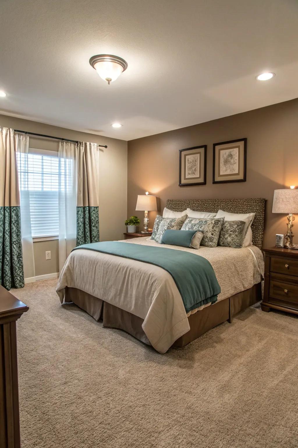 Harmonious carpet tones establish a unified bedroom setting.