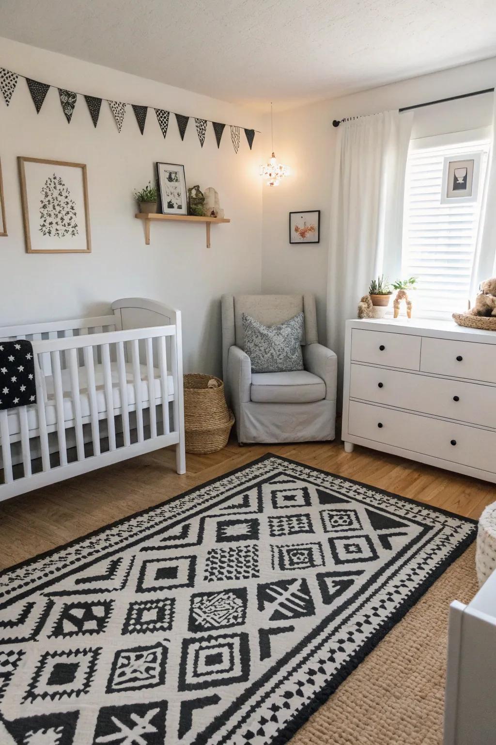 A baby room featuring a refined black and white theme.