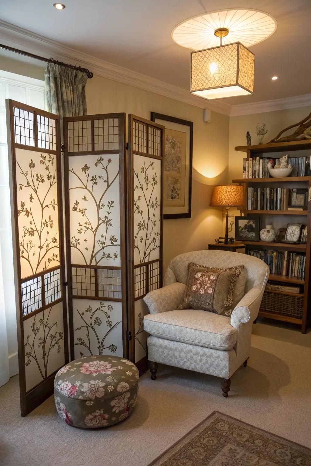 A chic nook enriched by a ornamental collapsible screen for added privacy.