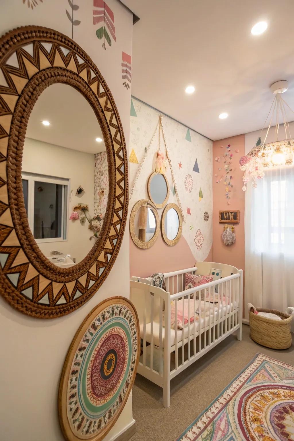 The curated selection of artisan mirrors enriches this nursery with distinctive global accents.