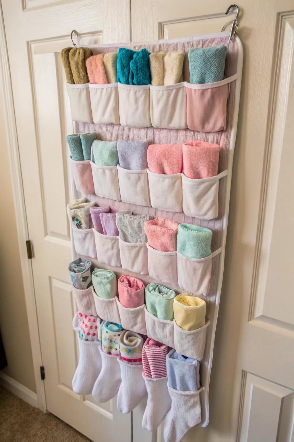 A shoe organizer used creatively for nursery storage.