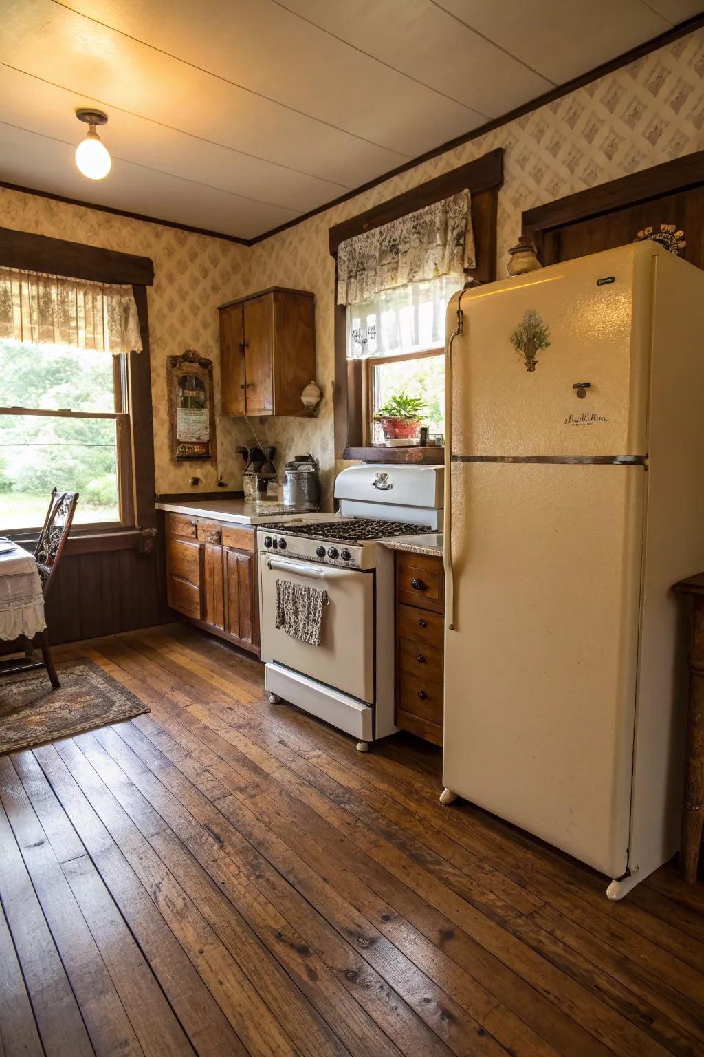 Antiquated facets introducing persona to hardwood floor culinary spaces.