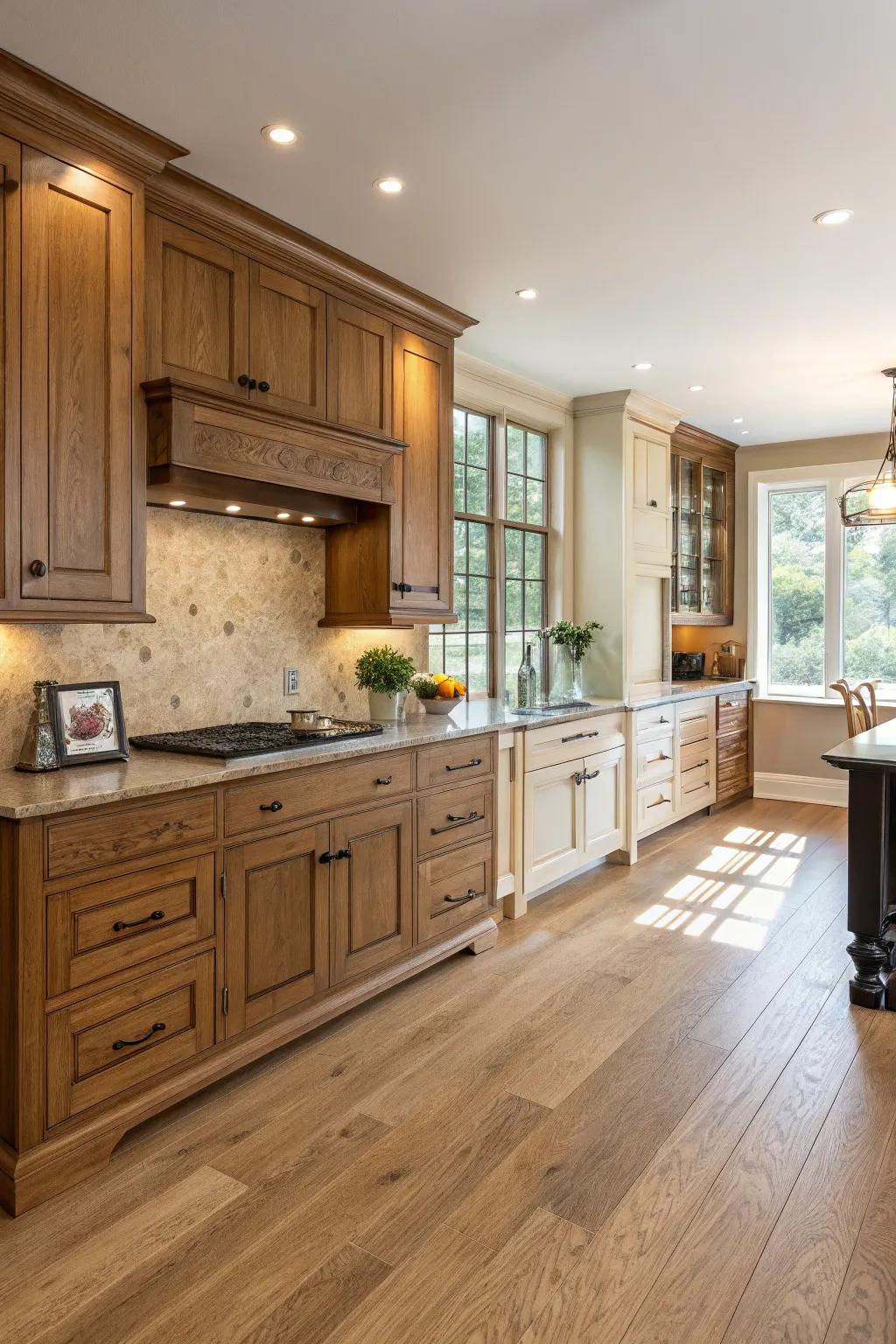 Blending timber shades adds depth to oak kitchens.