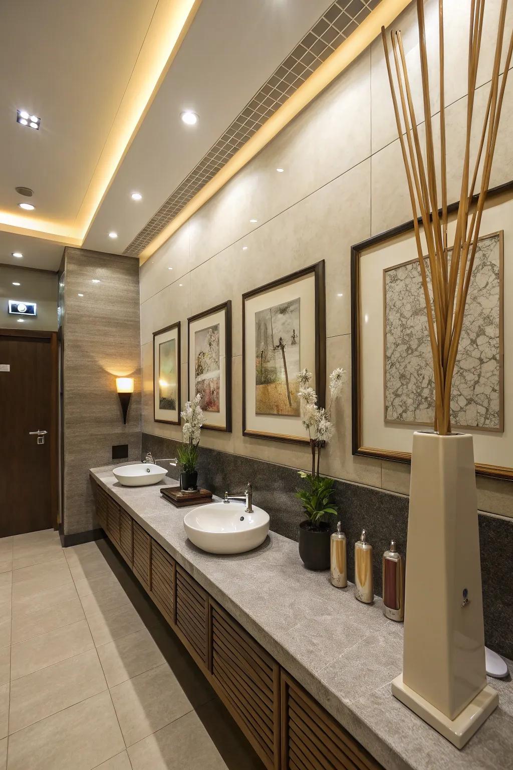 Pleasant ambient scents enhance the overall atmosphere of the office restroom.