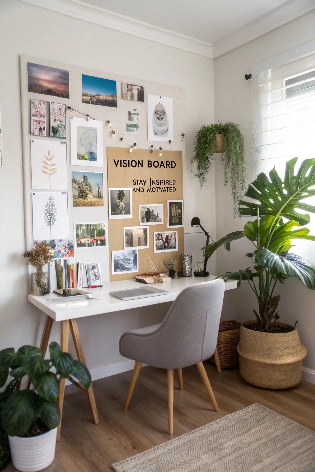A vision board highlights objectives and inspirations.
