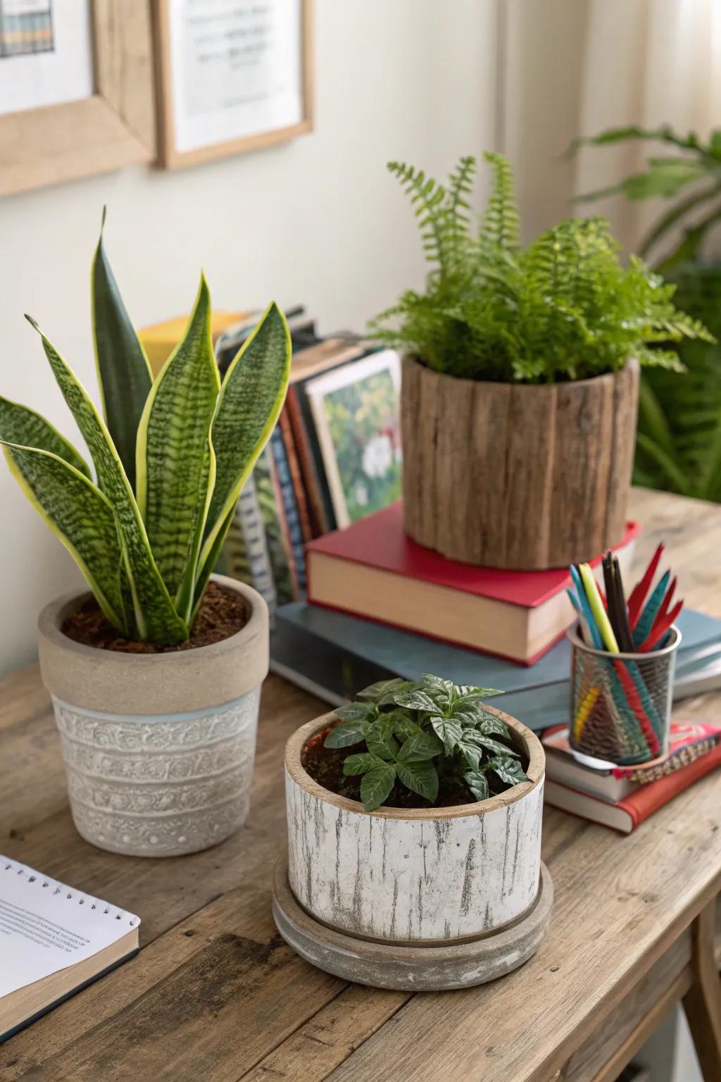 Blend styles with a mix of rustic and modern planters.