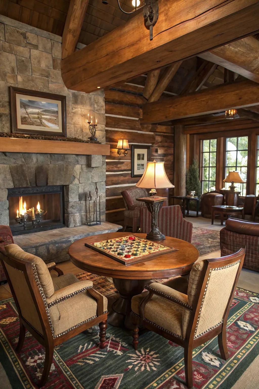 Country-style lodge interior featuring a historical game table with seating.