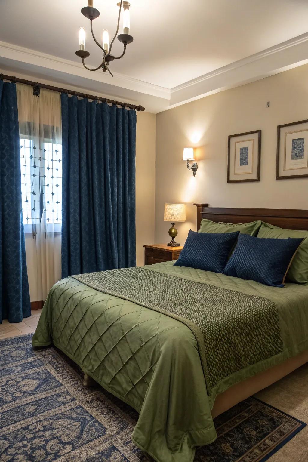 Bedding exhibiting dark blue tones contribute to the aesthetic of the olive green beddings.