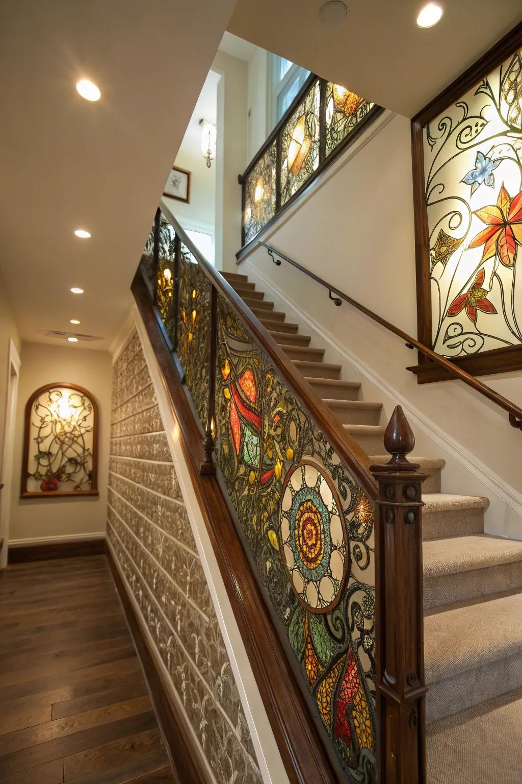 An artistic glass mosaic transforms your stairway into a masterpiece.