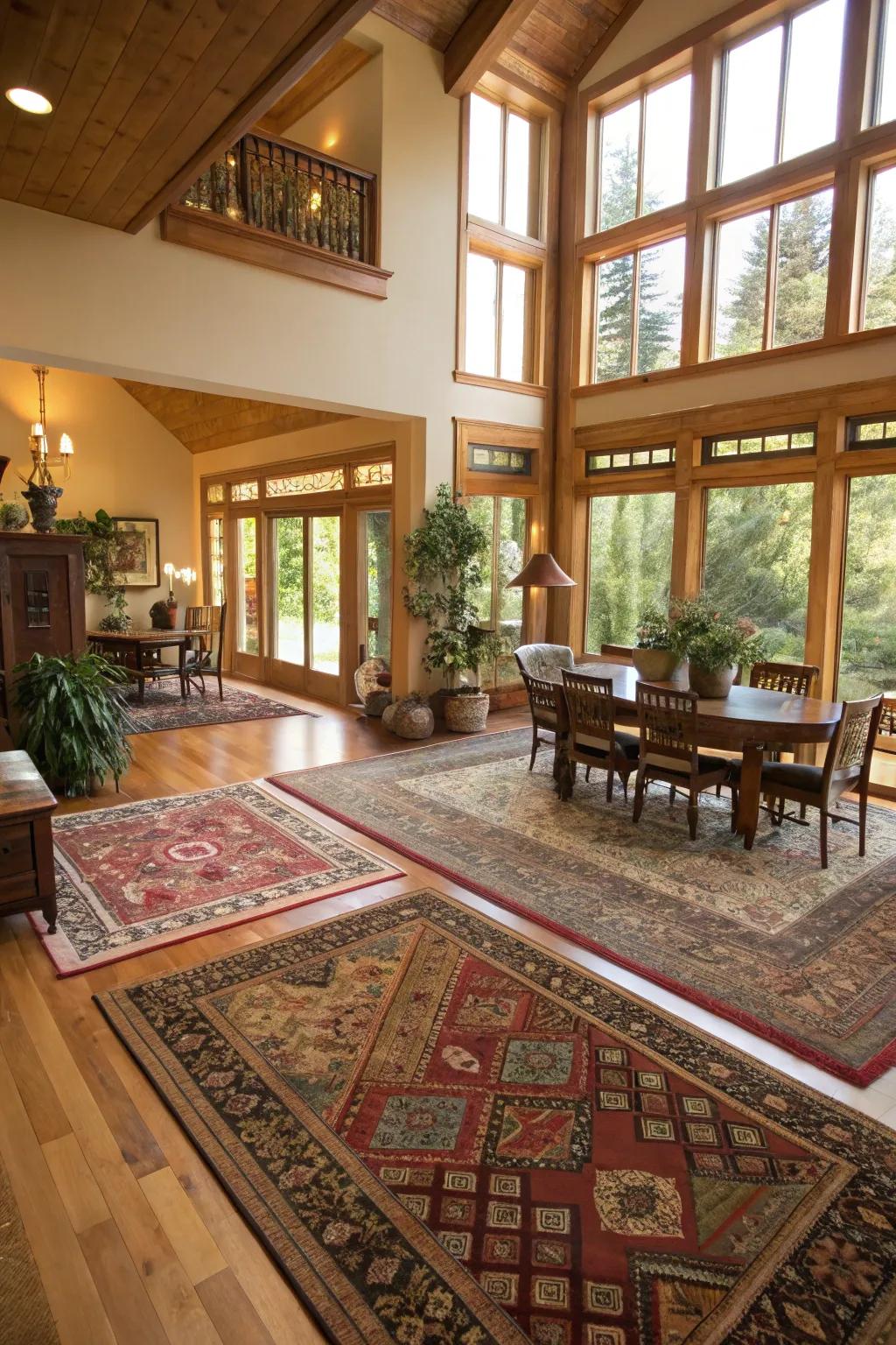 Floor coverings efficiently defining distinct zones within an open concept.