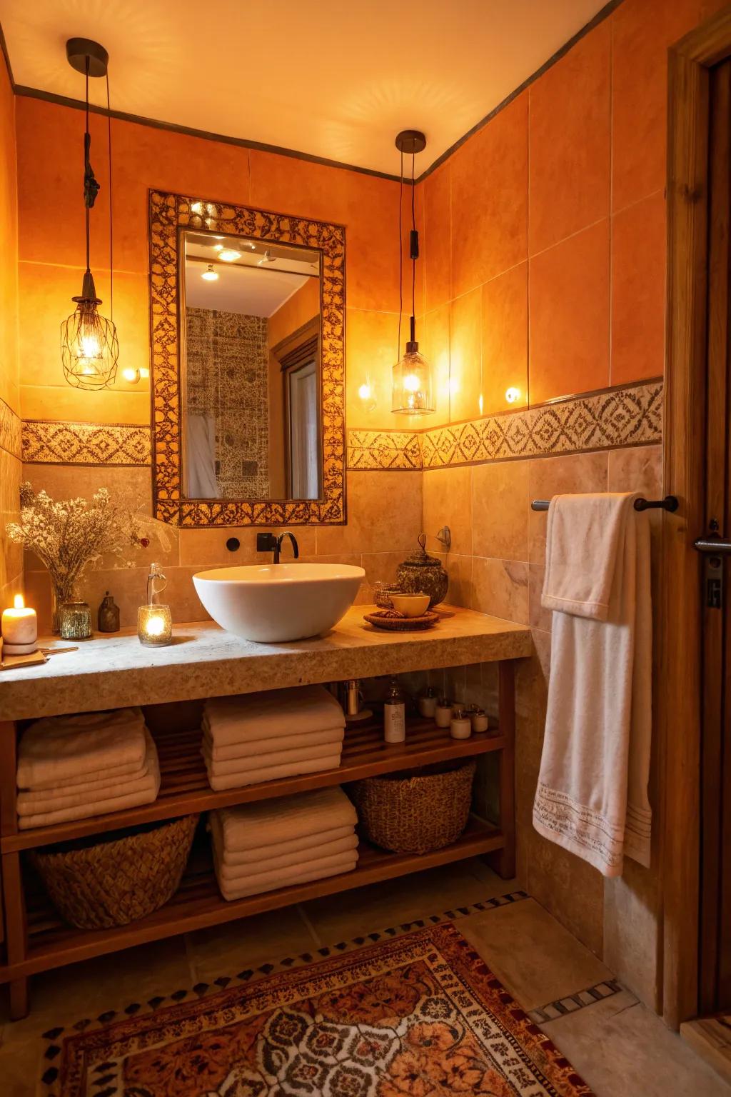Warm lighting enhances the cozy feel of orange tones in the bathroom.