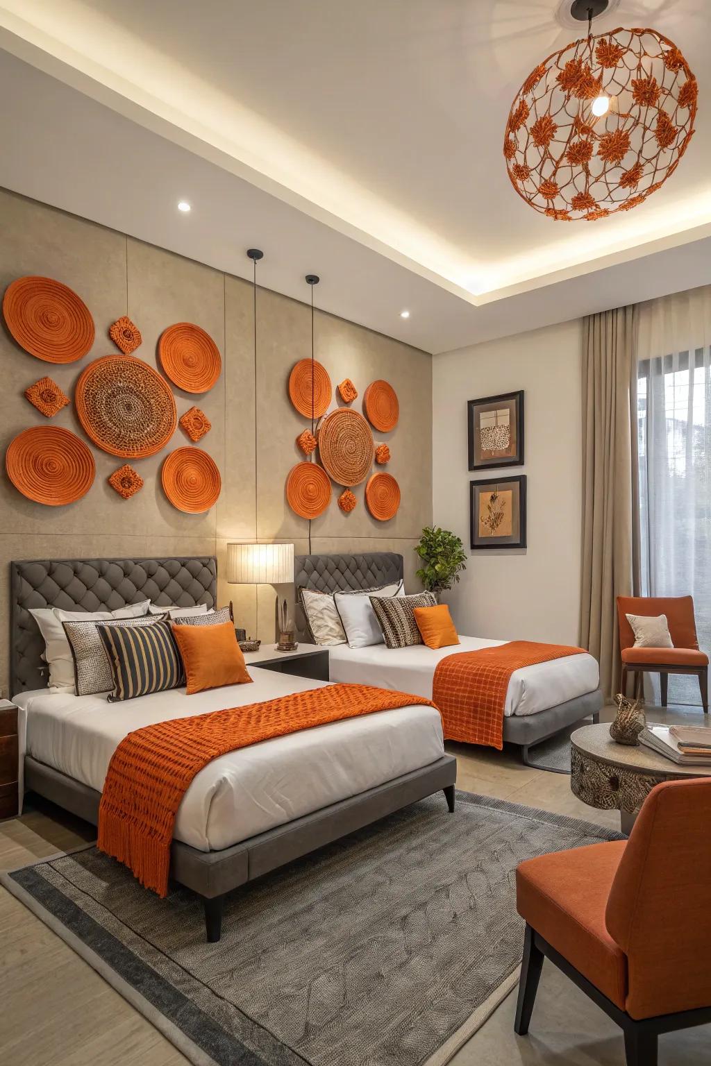 Orange art installations infuse an artistic flair into the bedroom.